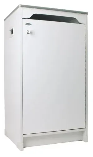 White cabinet with a door, handle, and a slot on top.