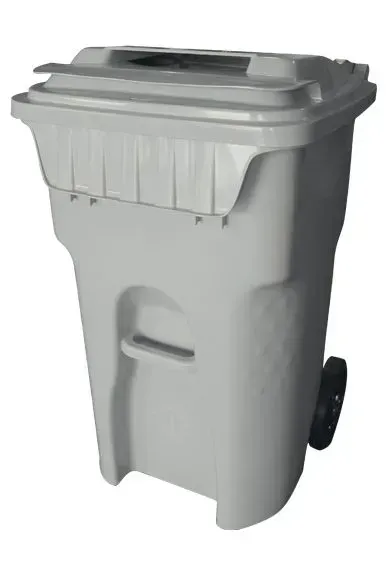 Gray trash can with wheels and a lid.