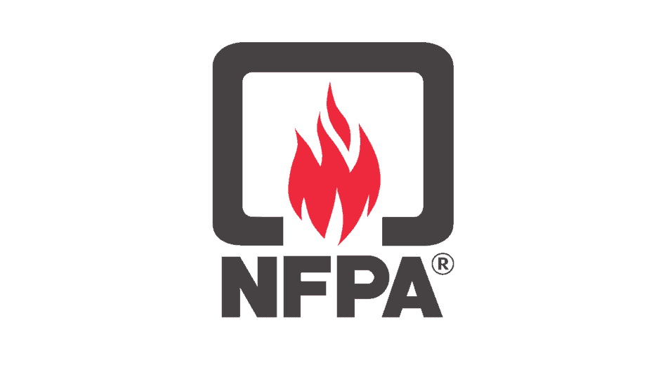 NFPA logo: red flame within a dark gray square frame; NFPA in dark gray below.