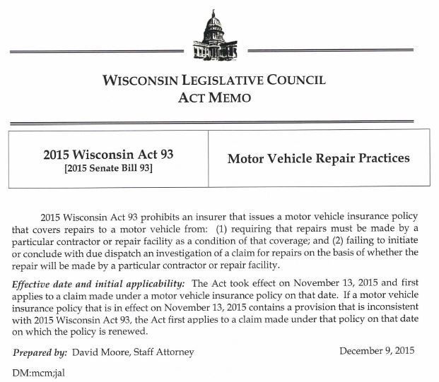 Memo from Wisconsin Legislative Council about 2015 Act 93, Motor Vehicle Repair Practices.