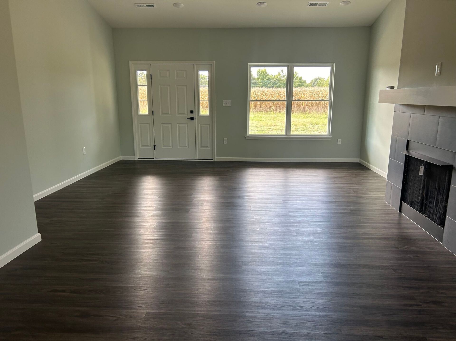 Empty living room with dark wood floors, white walls, front door, windows, and a fireplace.
