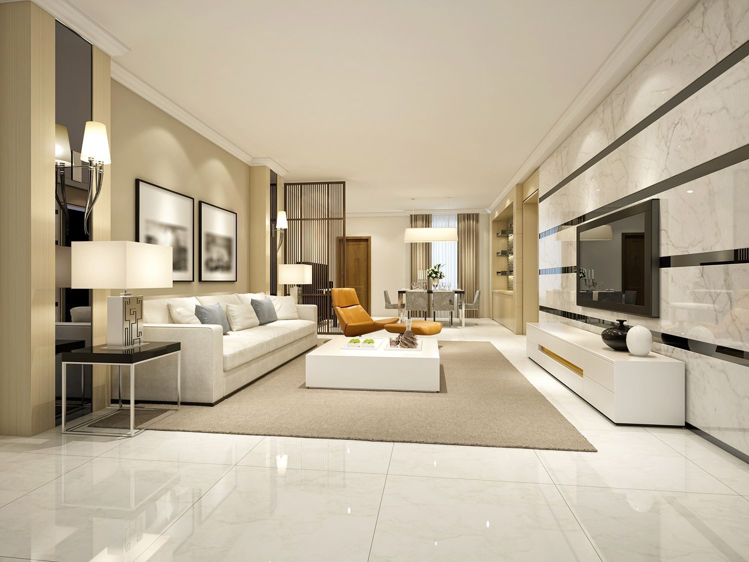 A living room with a couch , chairs , table and television.