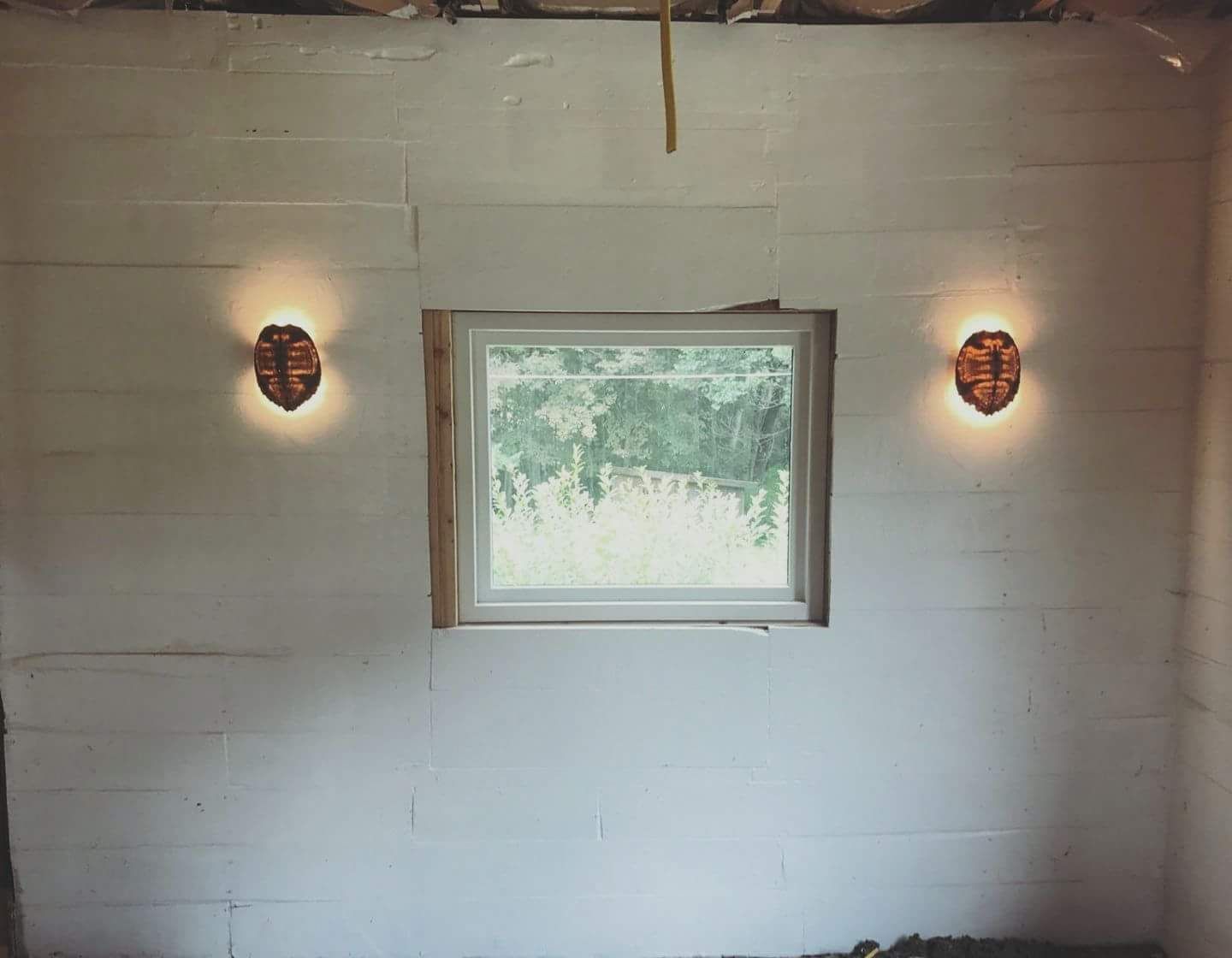 White-painted interior wall with a window, flanked by two sconces, with outdoor foliage visible through the window.