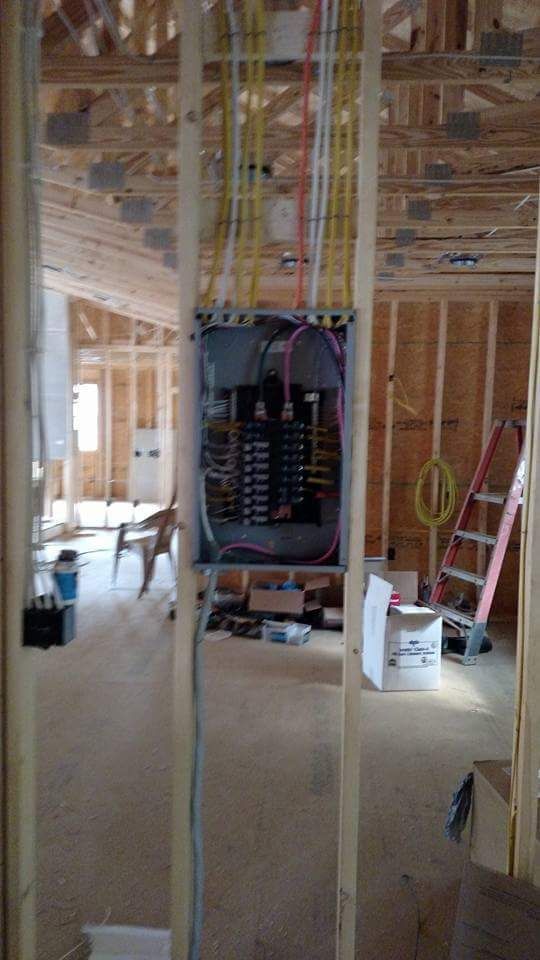 Electrical panel installed in a wooden wall frame. Wires run above the panel. Construction setting.