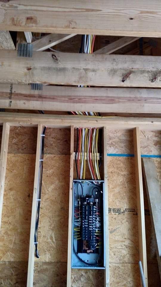 Electrical panel installed in wooden wall, with wires running upwards.