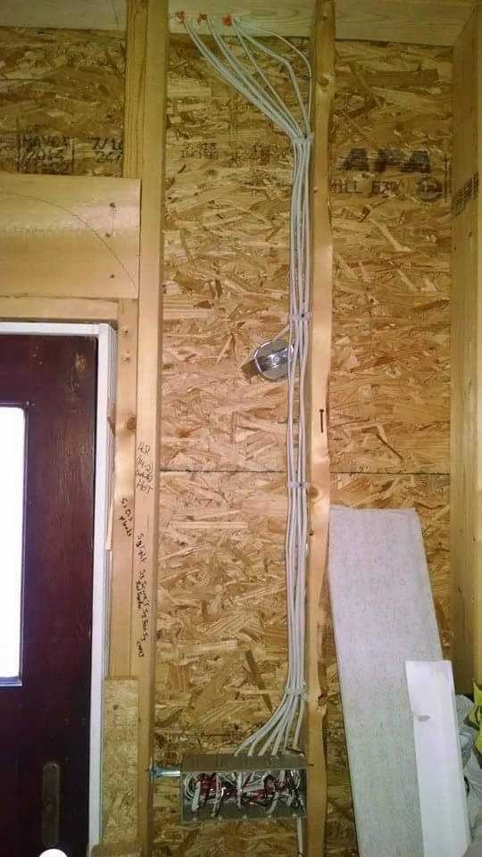 Electrical wiring installation in a wooden framed wall. Wires are bundled and routed to a box.