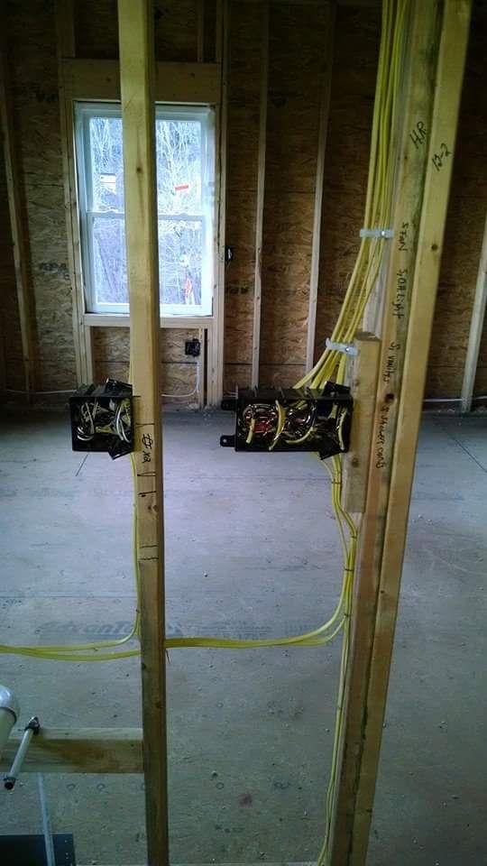 Interior view of a room under construction with exposed electrical wiring and outlet boxes installed in the wooden framing.
