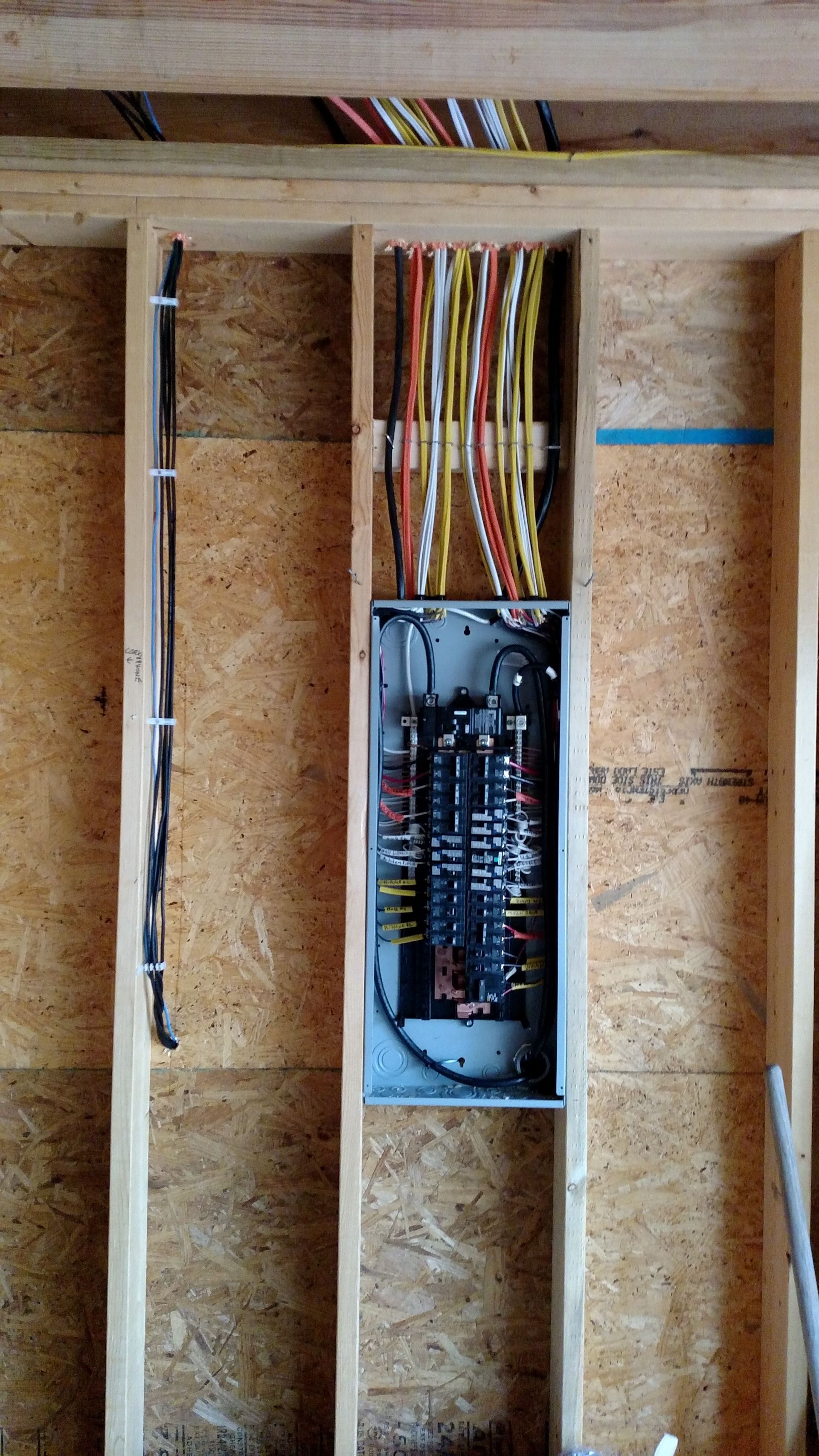 Electrical panel installed in a wooden wall frame. Various colored wires are connected to the panel.
