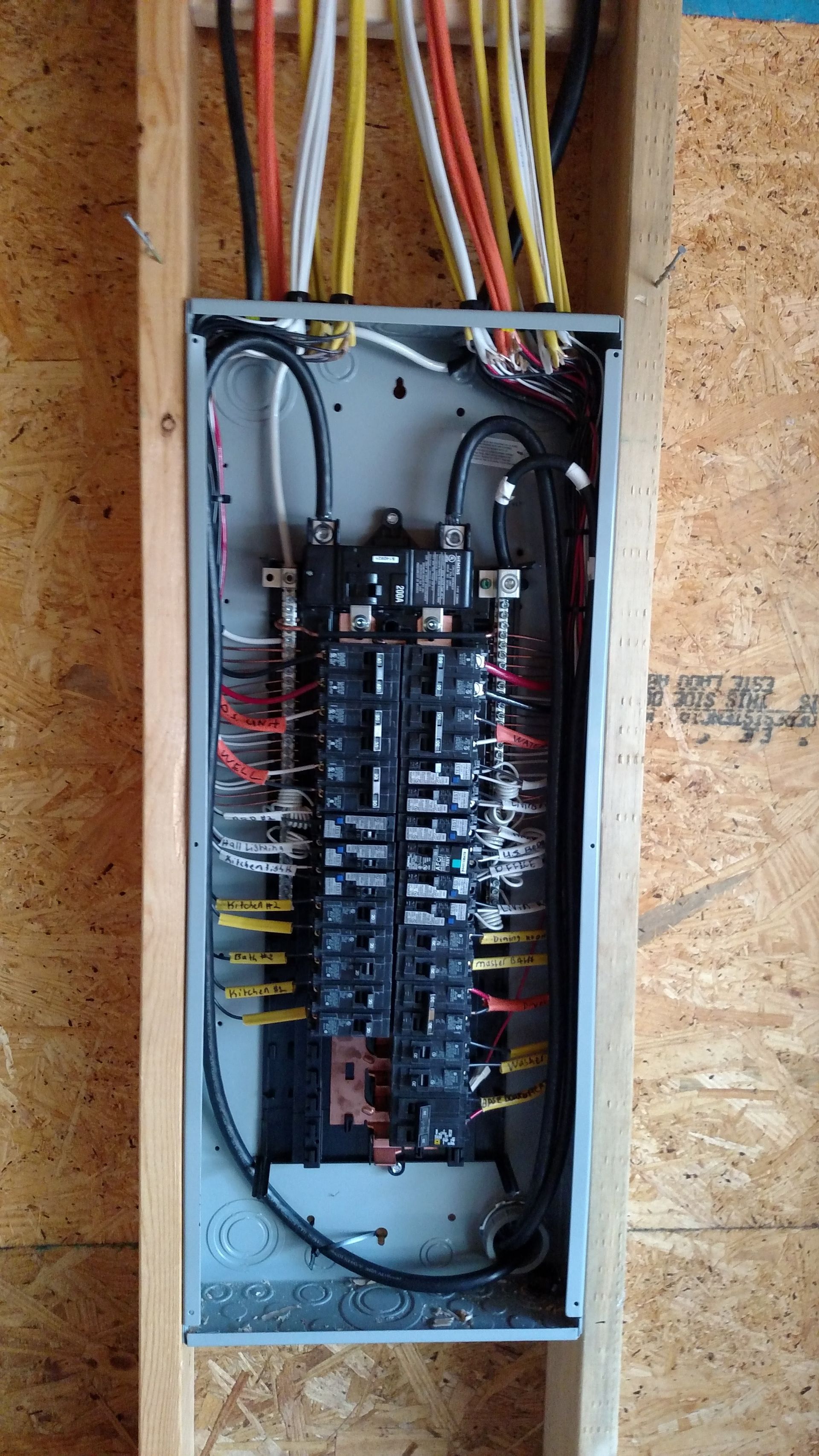 Electrical panel with wires of various colors, mounted on a wooden wall.