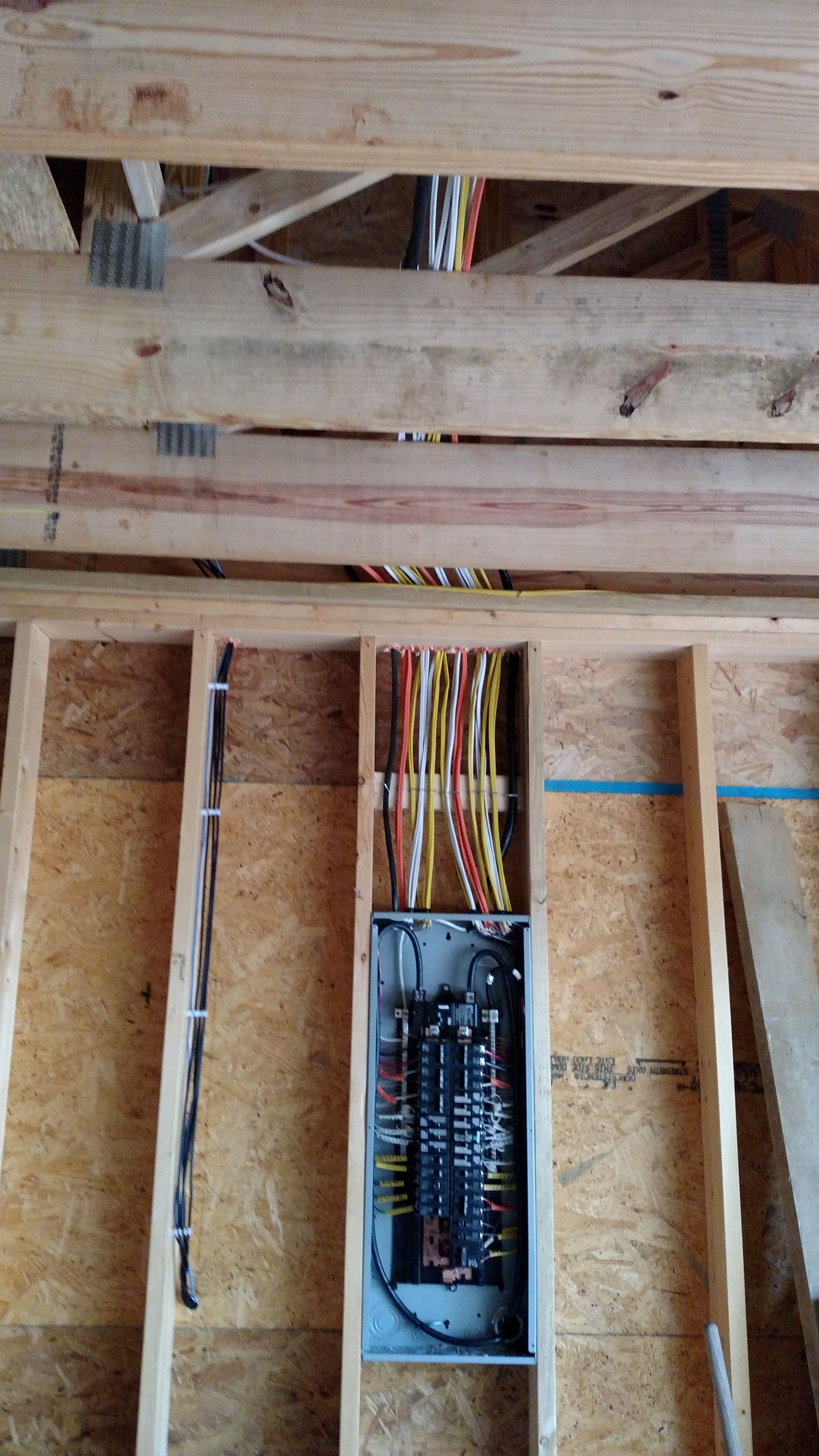 Electrical panel installed in a wooden wall. Wires are routed and visible. Construction setting.