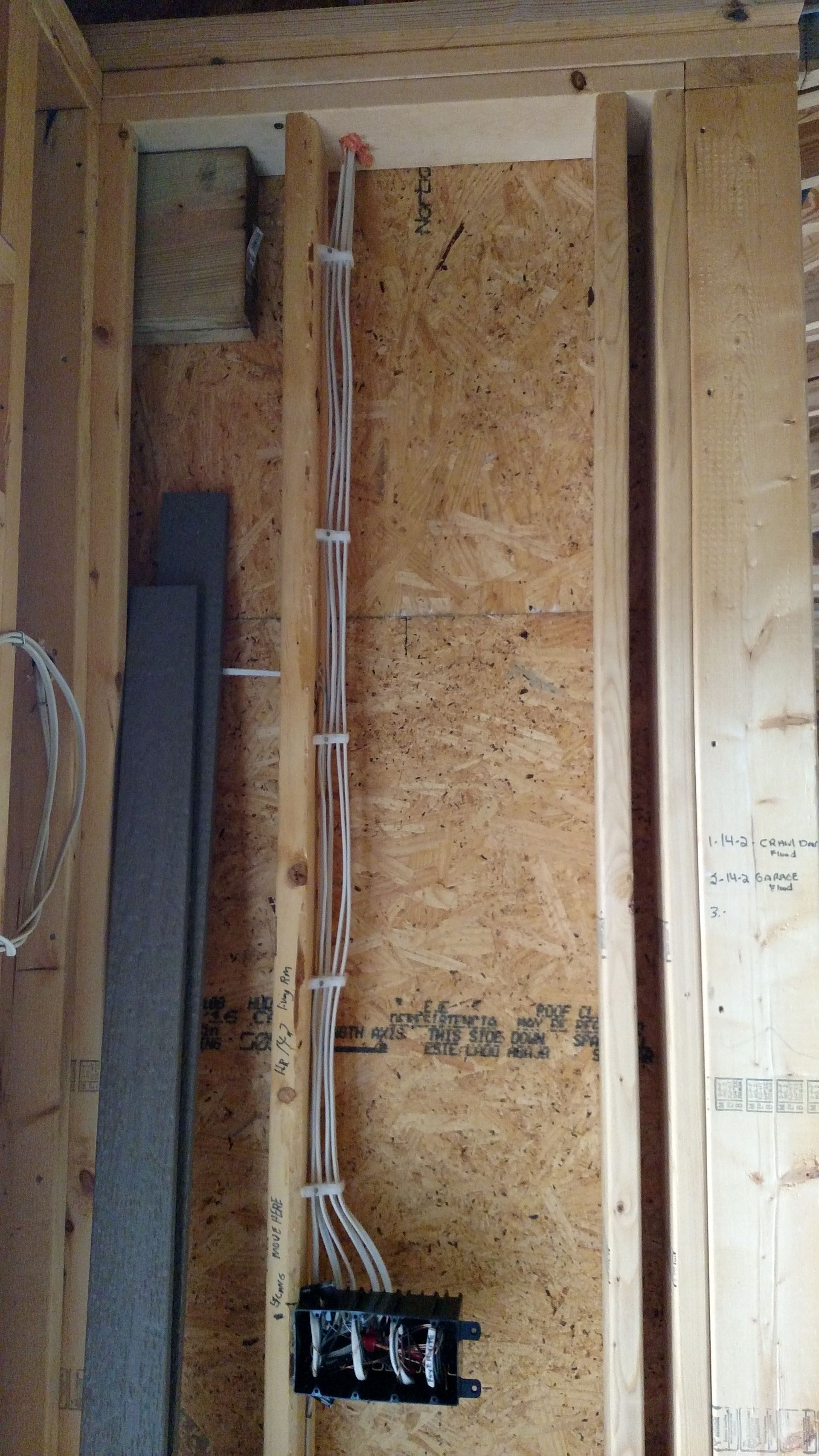 Electrical wires run down a wood frame. A black junction box sits at the bottom.