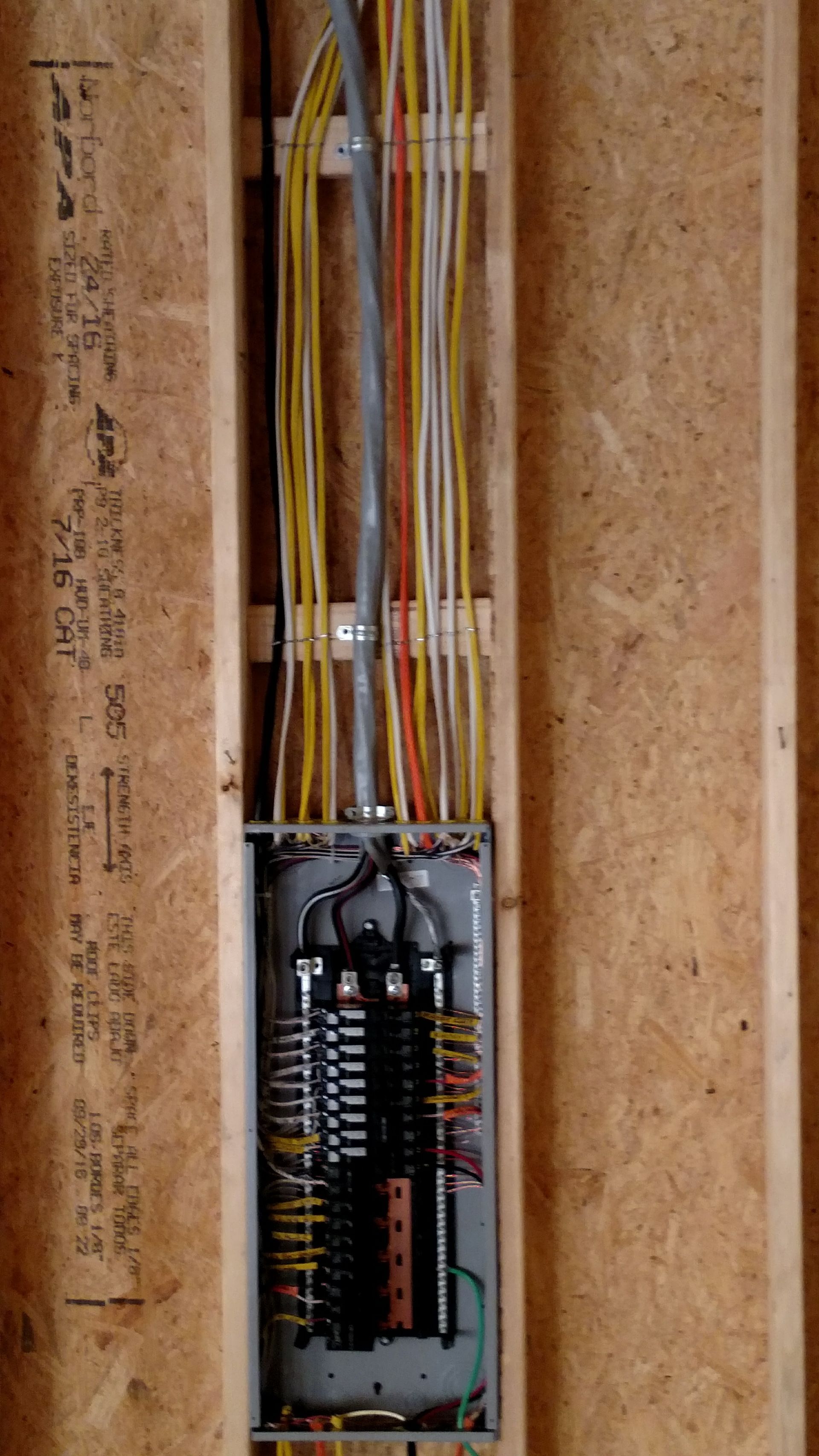 Electrical panel installed between wooden studs with various wires extending upward.