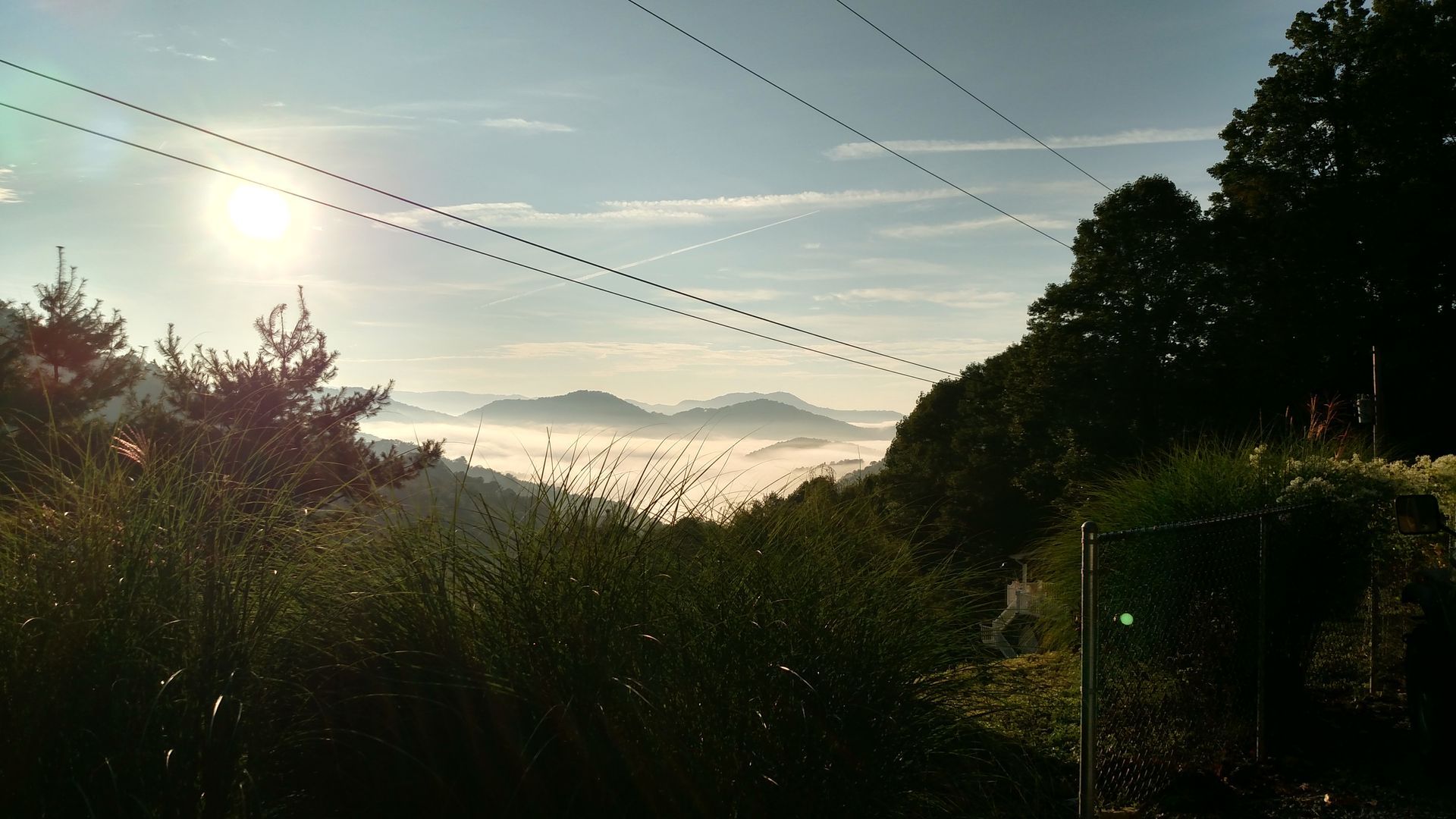 Sunrise over a valley filled with fog, trees in foreground and mountains in the distance.