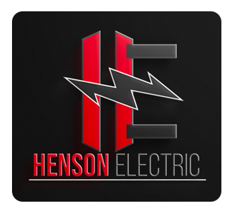 Logo for Henson Electric featuring red and gray letter "H" and "E" with a lightning bolt symbol.