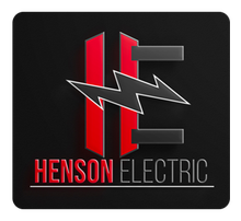Logo for Henson Electric featuring red and gray letter "H" and "E" with a lightning bolt symbol.