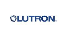 Lutron logo: blue text with a sunburst symbol on the left side, on a white background.