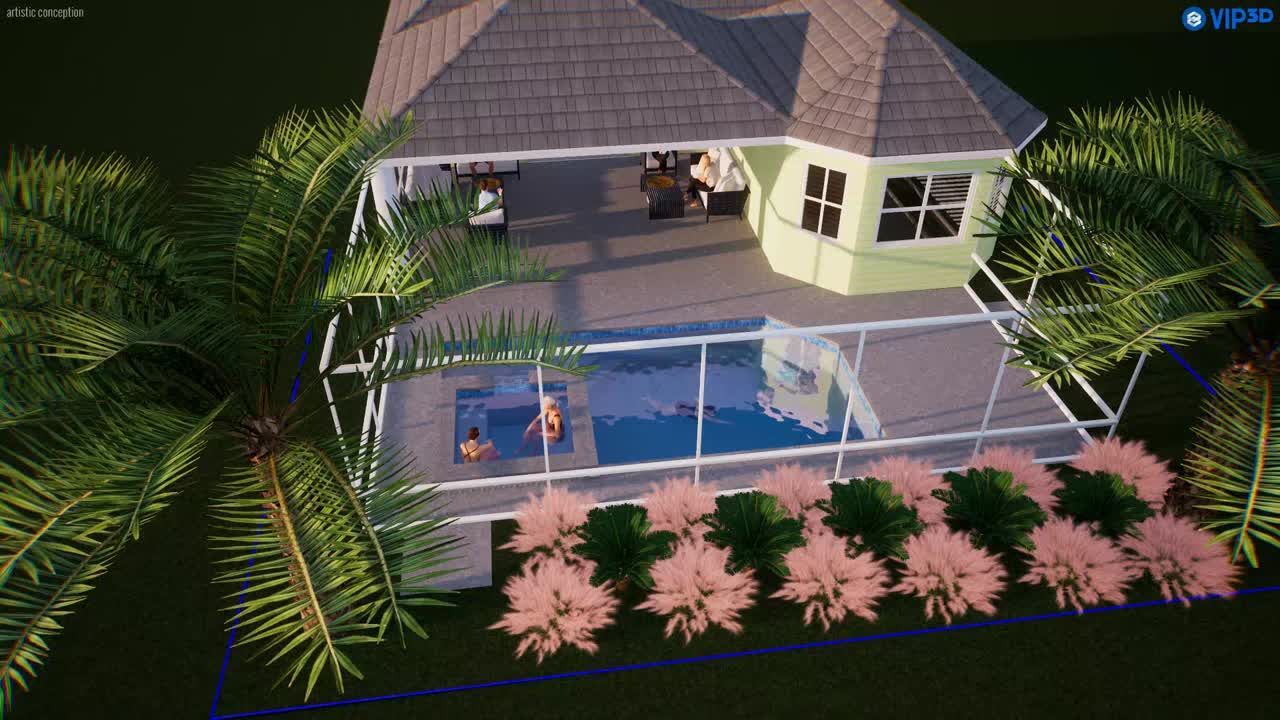 Backyard house with screened pool, patio, and palm trees at night
