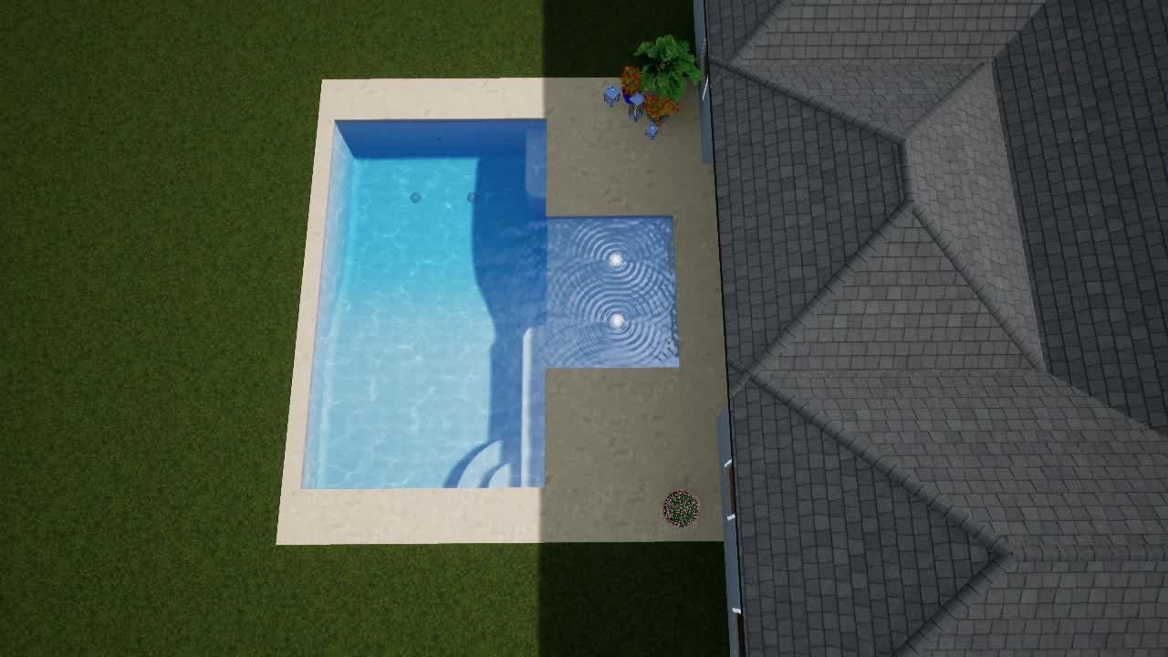 Top-down view of a small backyard pool with blue water beside a gray roof and patio.