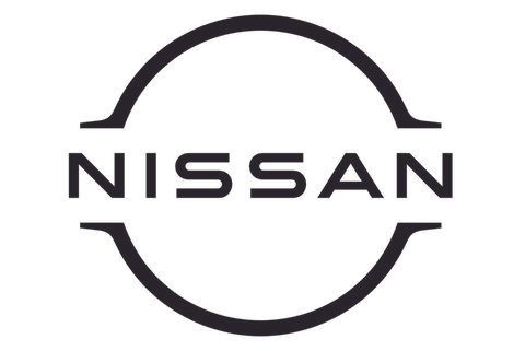 A black and white nissan logo on a white background.