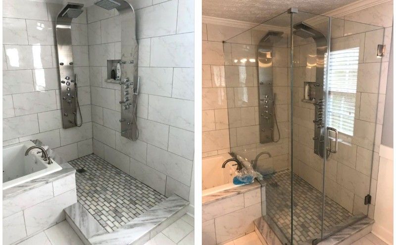 A before and after photo of a bathroom with a walk in shower and a bathtub.