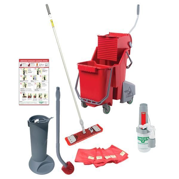 A variety of cleaning supplies including a mop and bucket.