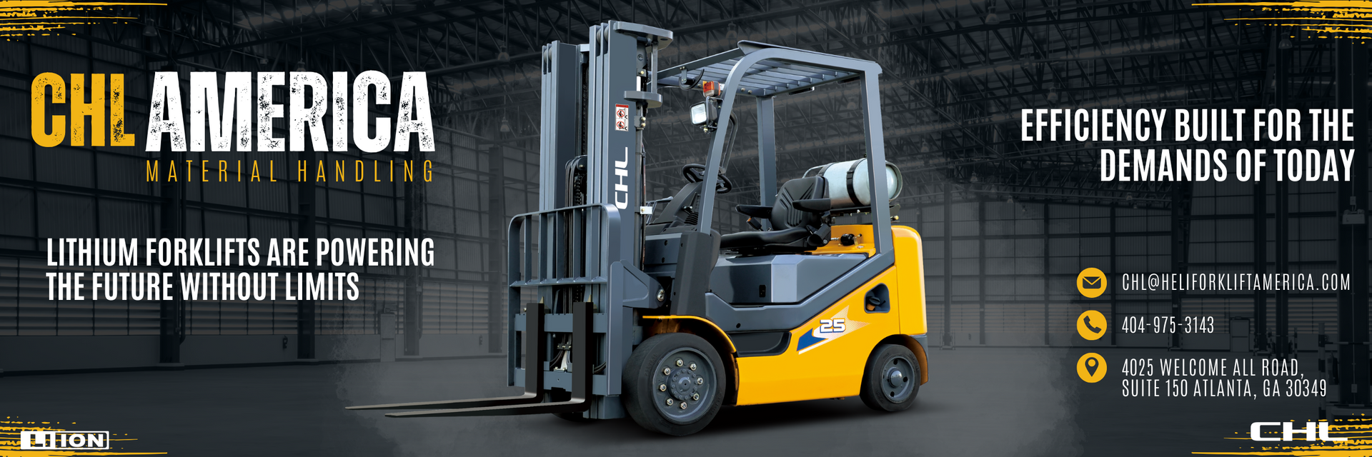 Yellow forklift in warehouse beside CH America text and a callout about efficient daily operation and demand reduction