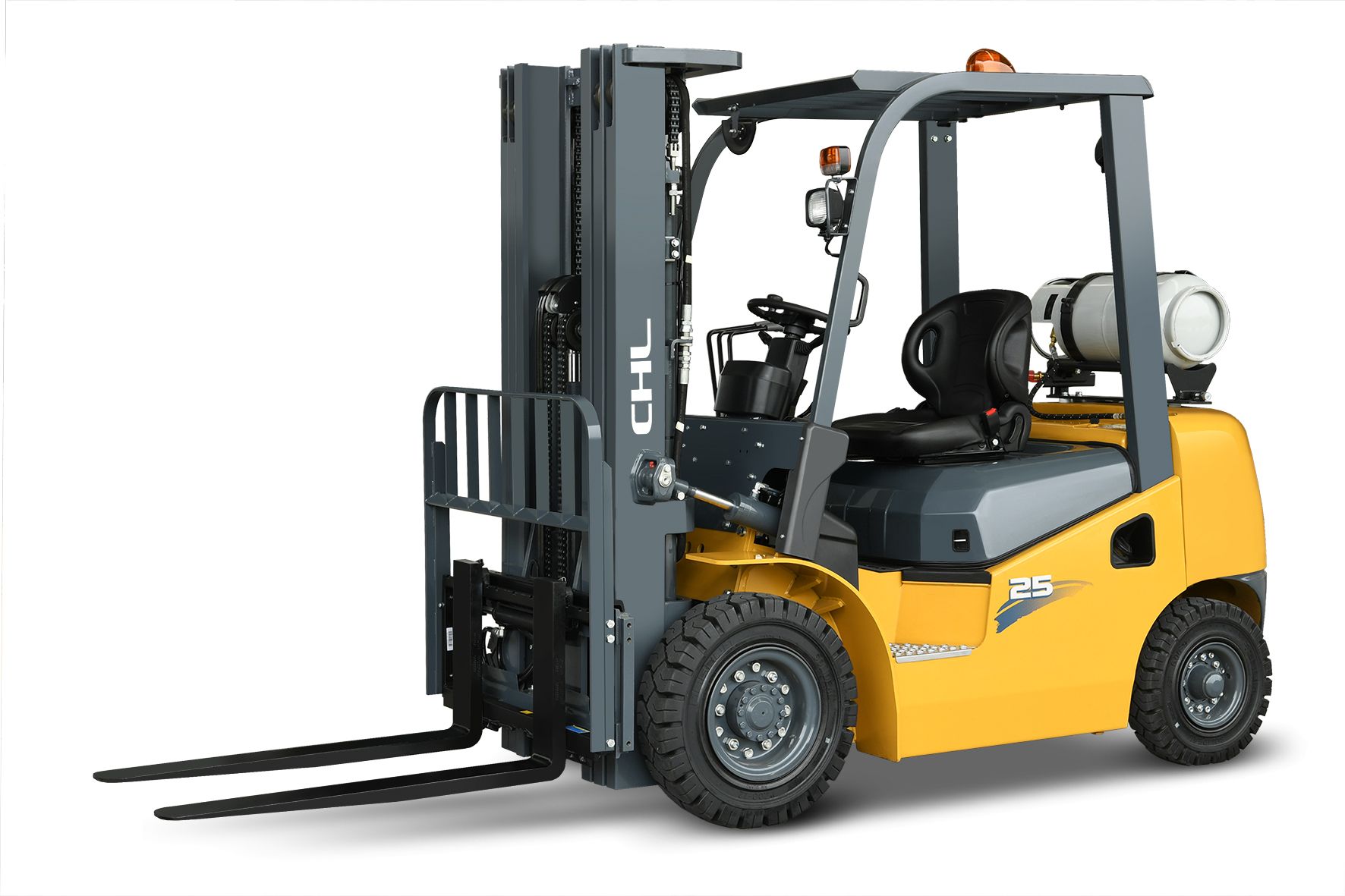 Yellow forklift truck on a white background, facing left.