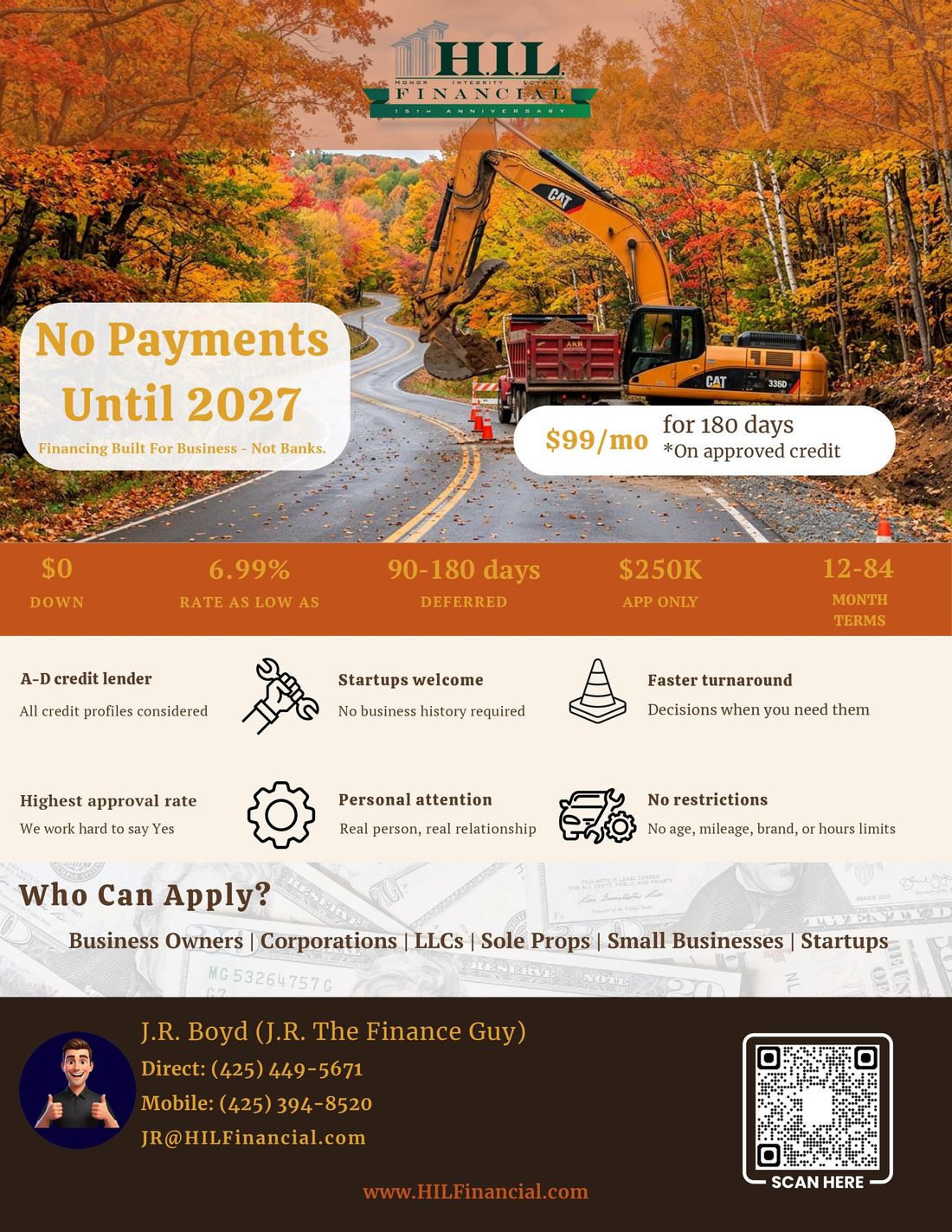 Autumn-themed flyer advertising “No Payments Until 2027” with mortgage and car financing details.