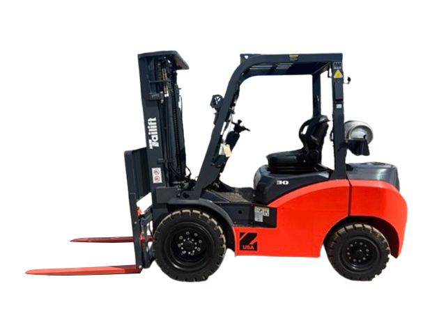A red and black forklift on a white background