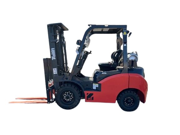 A red and black forklift is sitting on a white background.