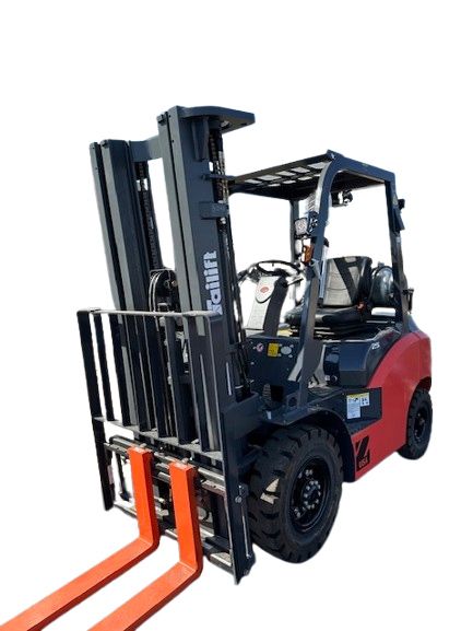 A red and black forklift with orange forks on a white background.