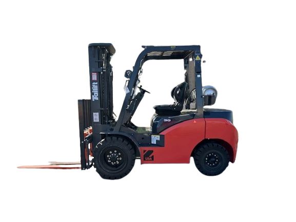 A red and black forklift is sitting on a white background.