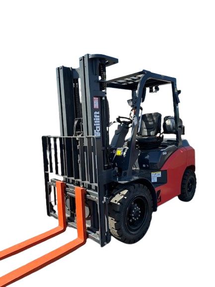 A red and black forklift with orange forks on a white background