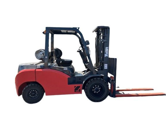 A red and black forklift is sitting on a white background.