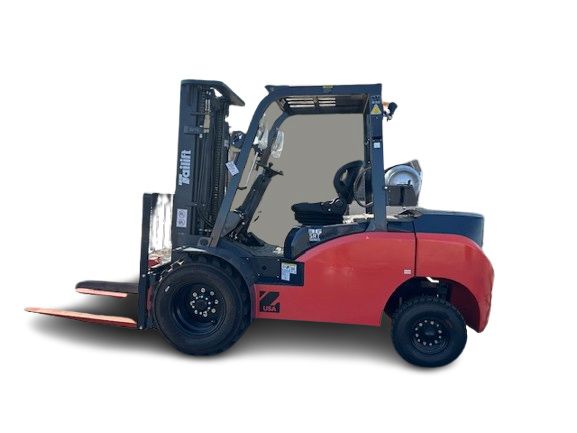 A red and black forklift is on a white background.