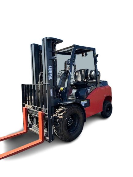 A red forklift with orange forks on a white background.