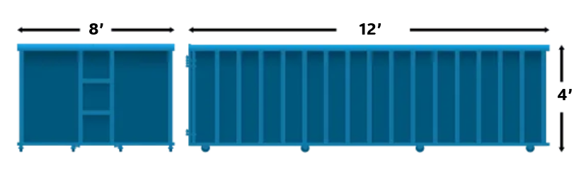 Blue dumpster with dimensions 8' x 4' x 12'.