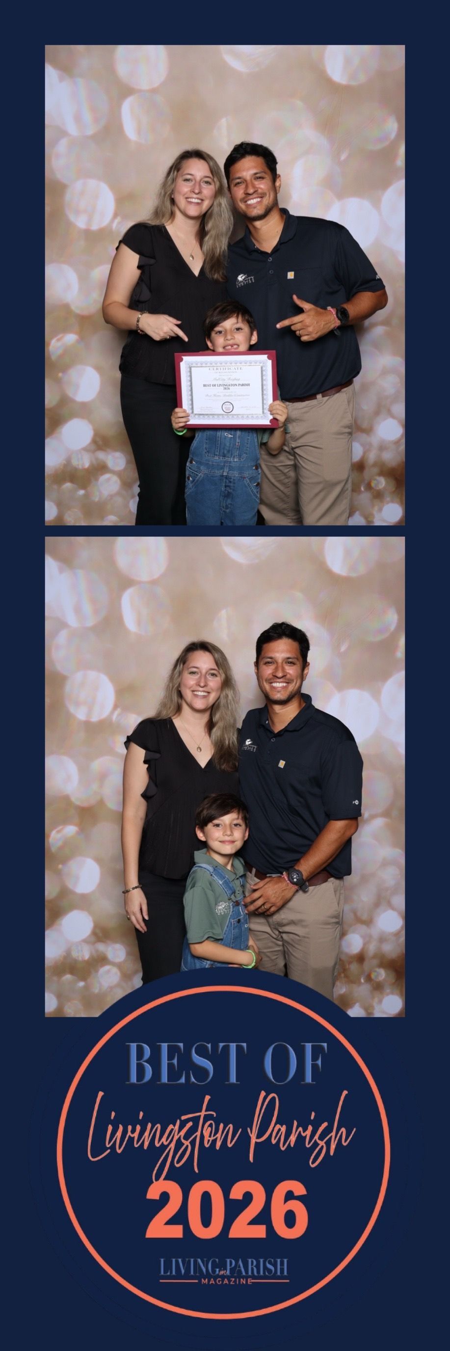 Two people pose with a child at a 2026 “Best Of” award event backdrop.