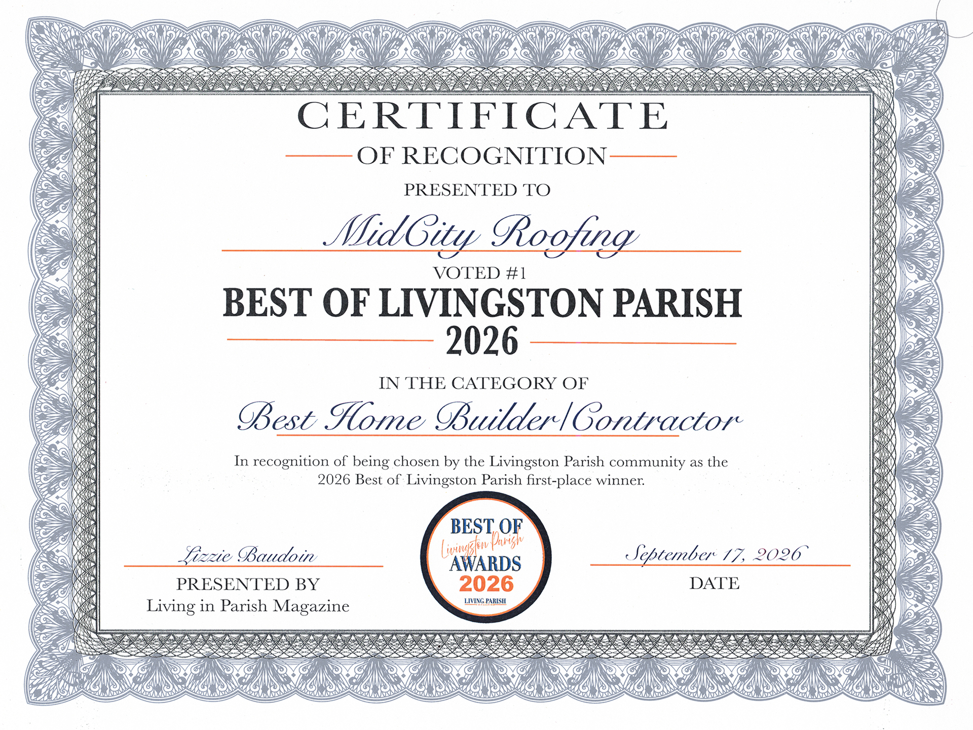 Best of Livingston Certificate