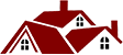Three red roofed houses with white windows and a chimney.