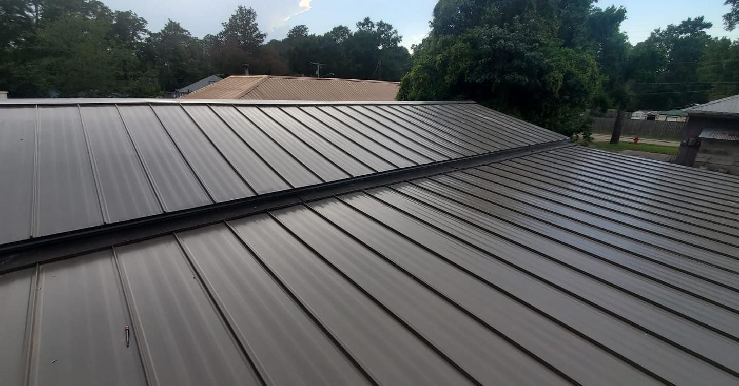 Dark gray metal roof with parallel ridges, trees in the background under a blue sky.