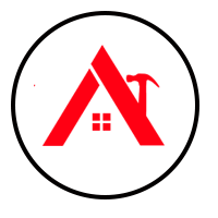Red stylized house logo with a roof and hammer inside a black circle.