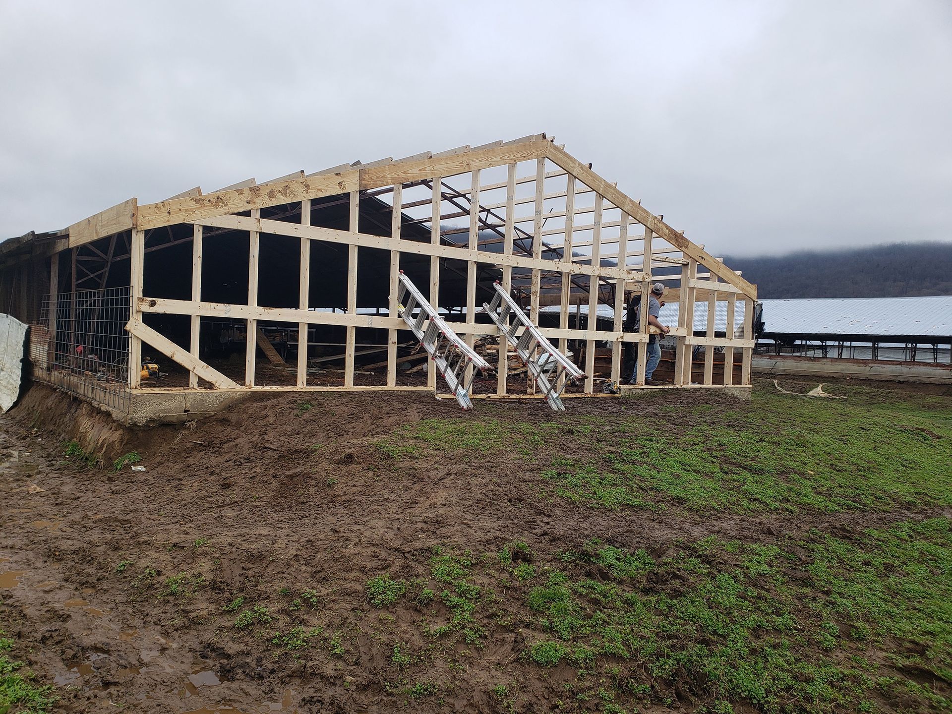 Construction of a wooden building frame on muddy ground. A ladder rests against the frame. Overcast sky.