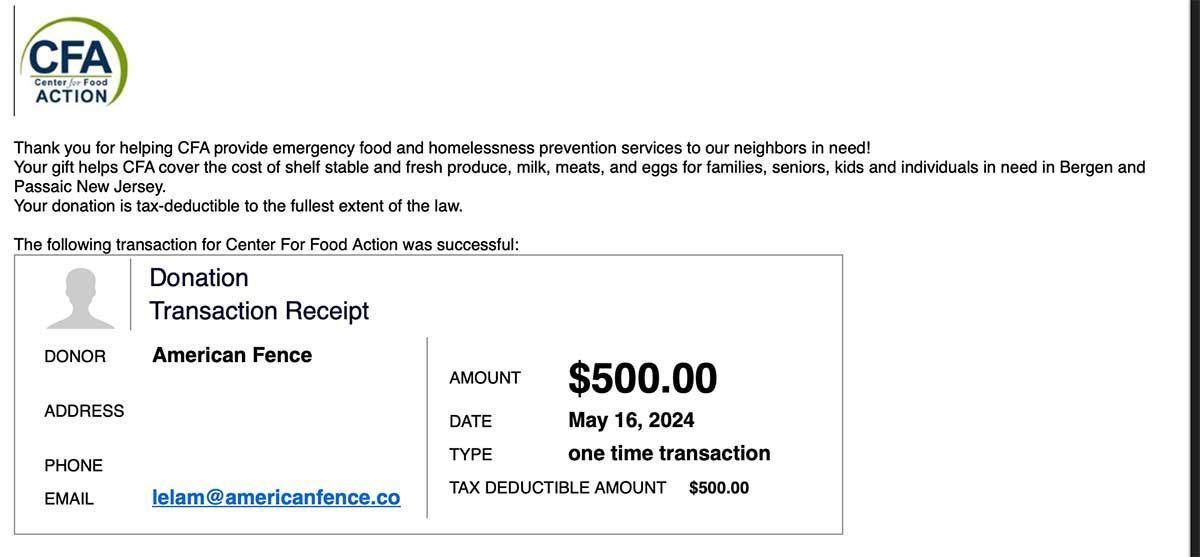 Receipt for a $500 donation to American Fence, May 18, 2024, one-time transaction.