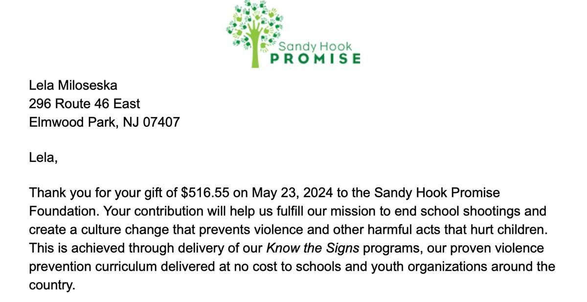 Letter of thanks from Sandy Hook Promise to Lak Moseska for a $516.65 donation on May 23, 2024.