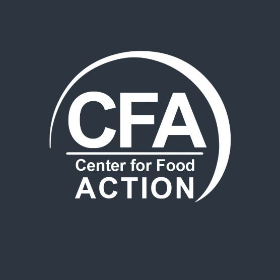 White CFA logo within a partially open arc, over Center for Food ACTION on a dark gray background.