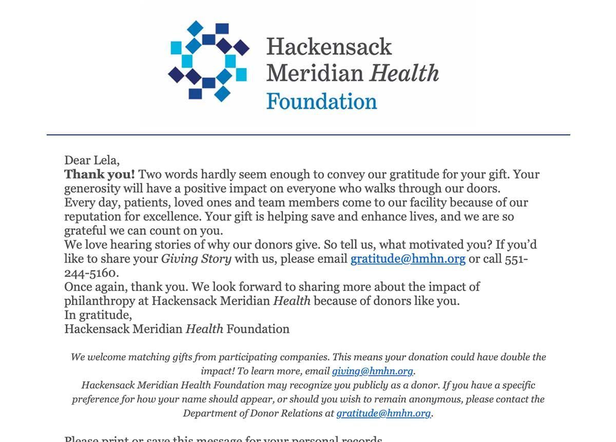 Letter from Hackensack Meridian Health Foundation, thanking a donor and asking to share their giving story.