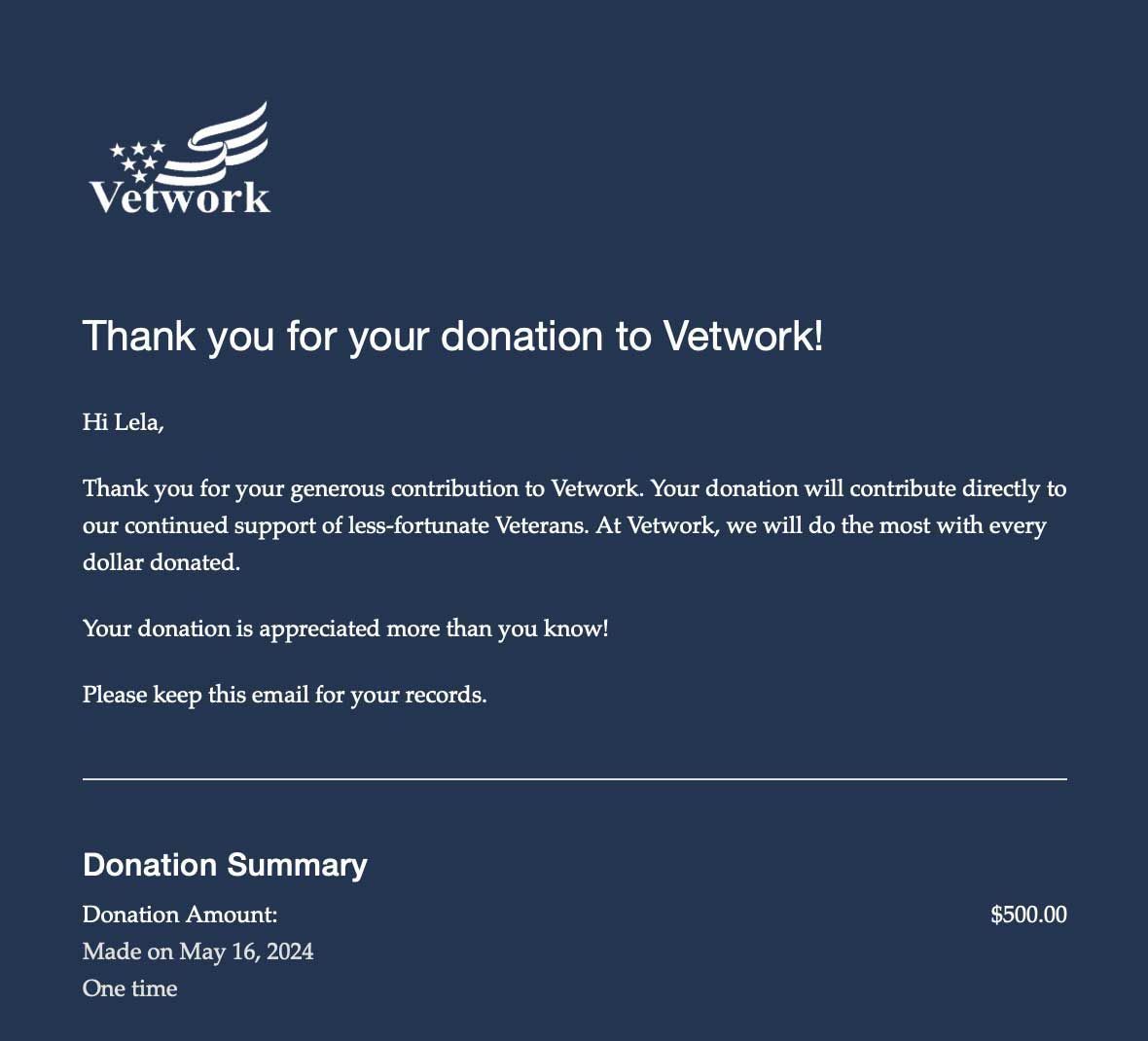 Thank you email from Vetwork confirming a $500 donation. The email is on a blue background.