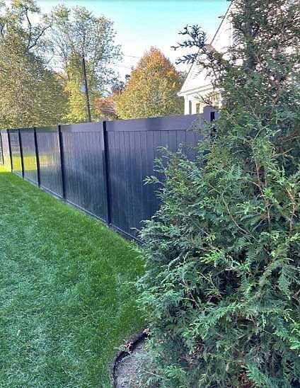 Black fence along a green lawn, with evergreen bushes in the foreground. Trees and a house are in the background.