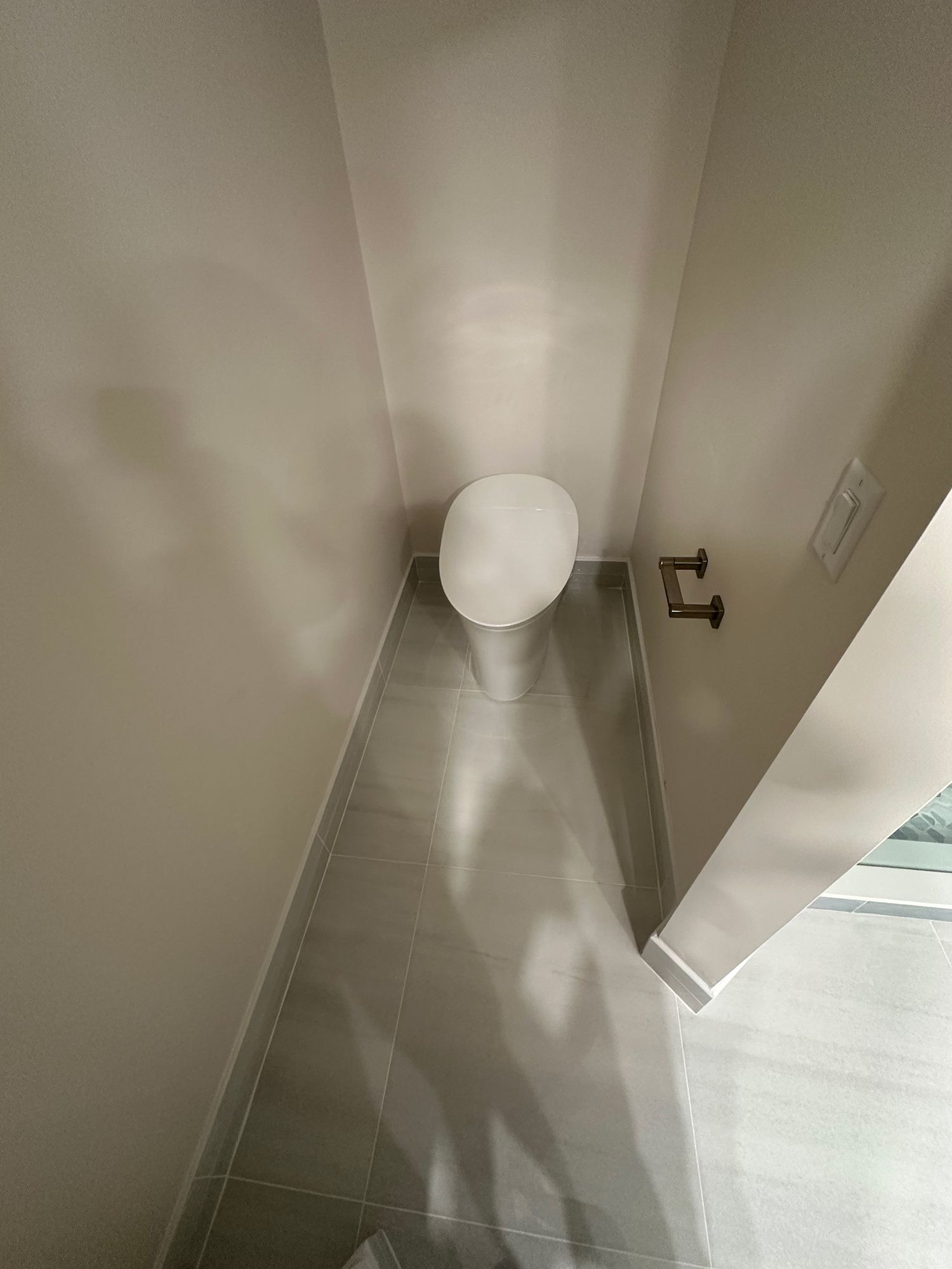Small bathroom with a white toilet; light gray walls and floor.